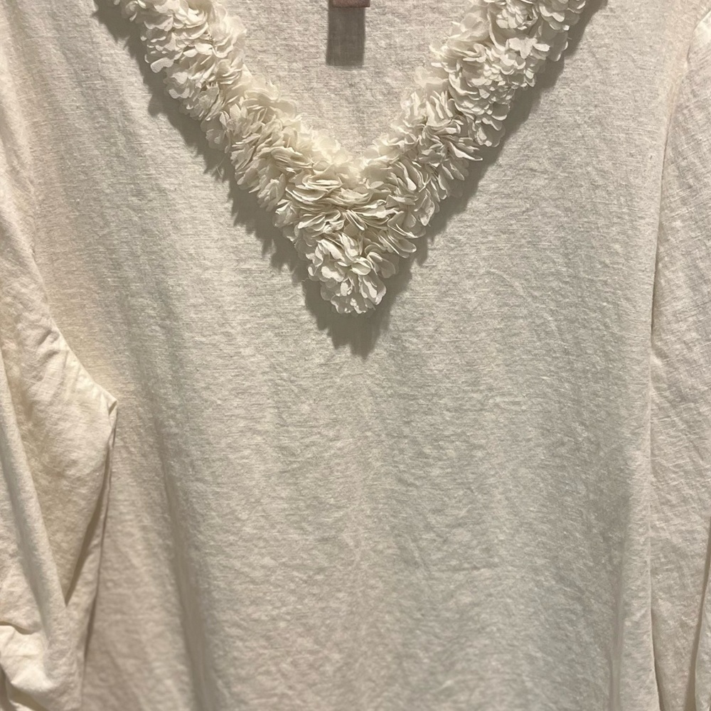 Chico's Cream V-Neck Blouse with Floral Trim - Picture 3 of 5